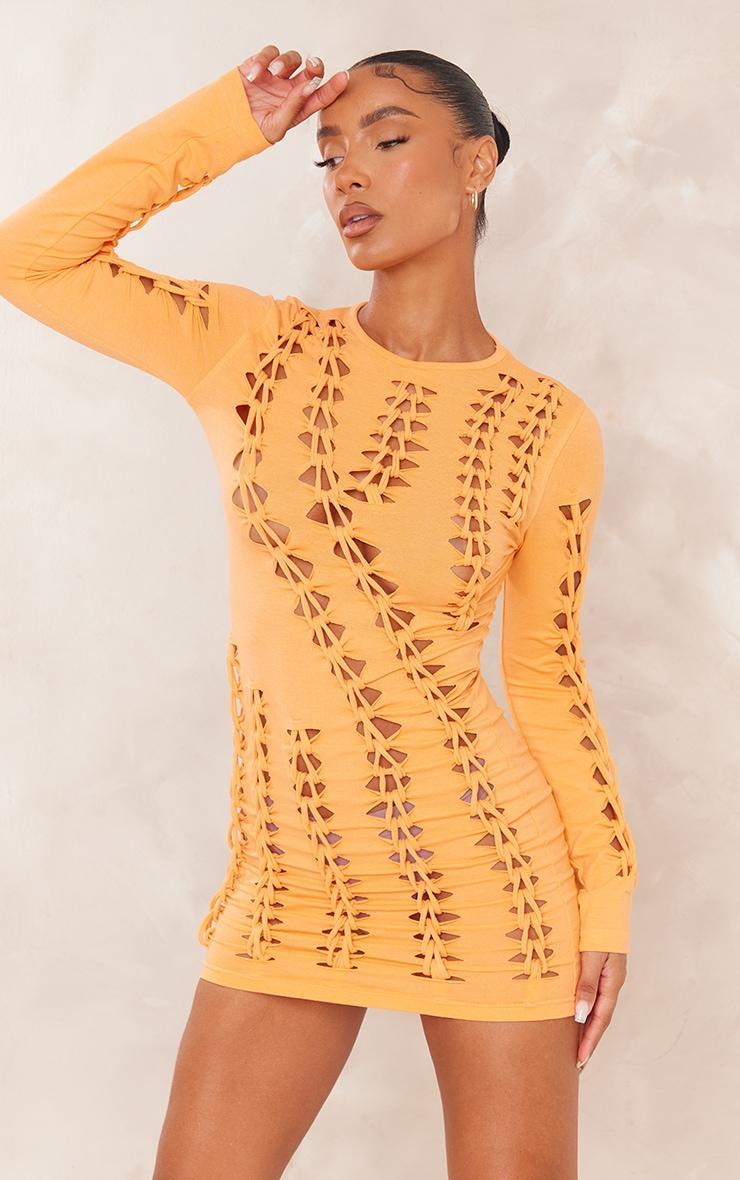 Orange Jersey Lattice Long Sleeve Bodycon Dress Product Image