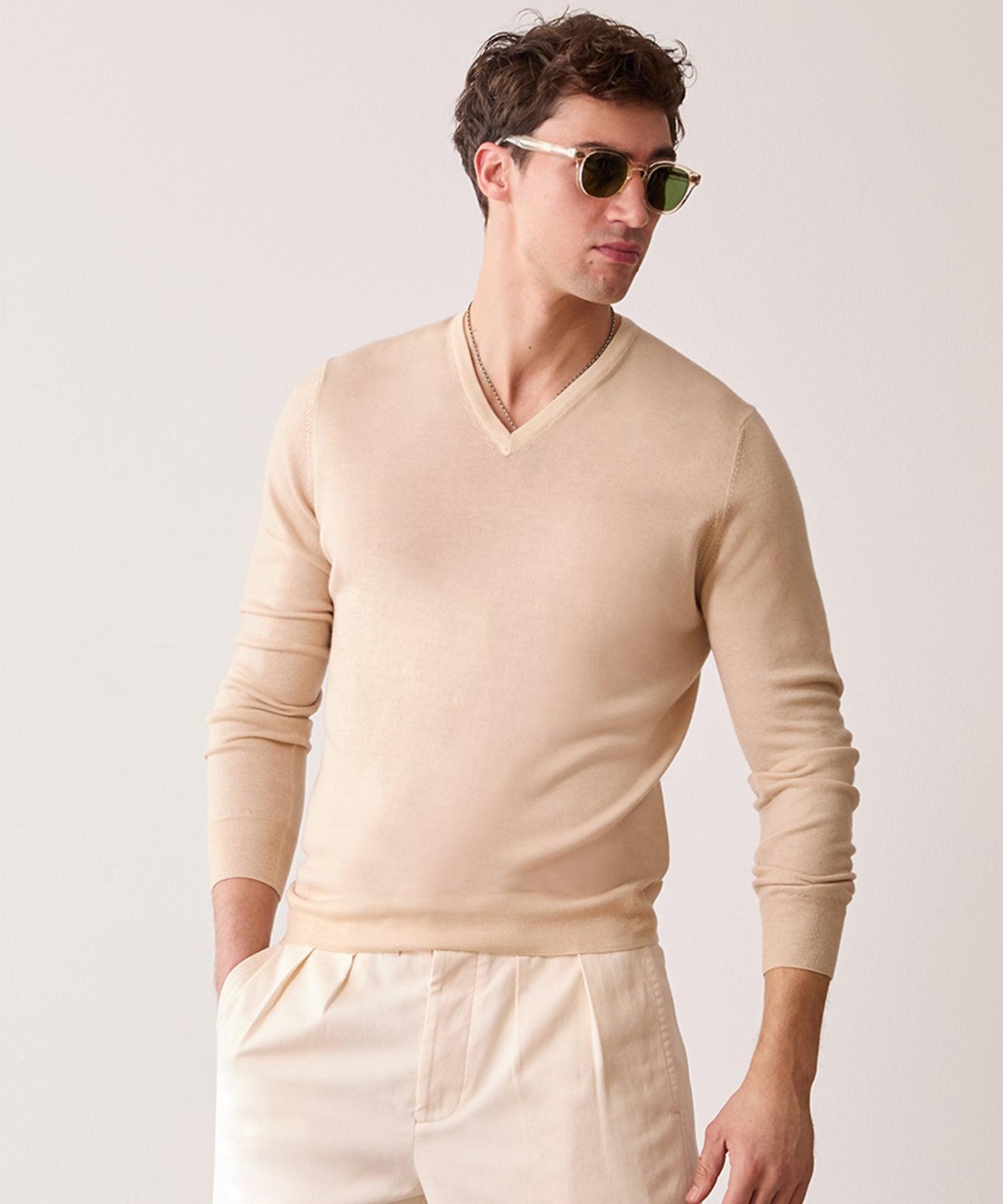 Italian Cashmere V-Neck Sweater in Khaki Product Image