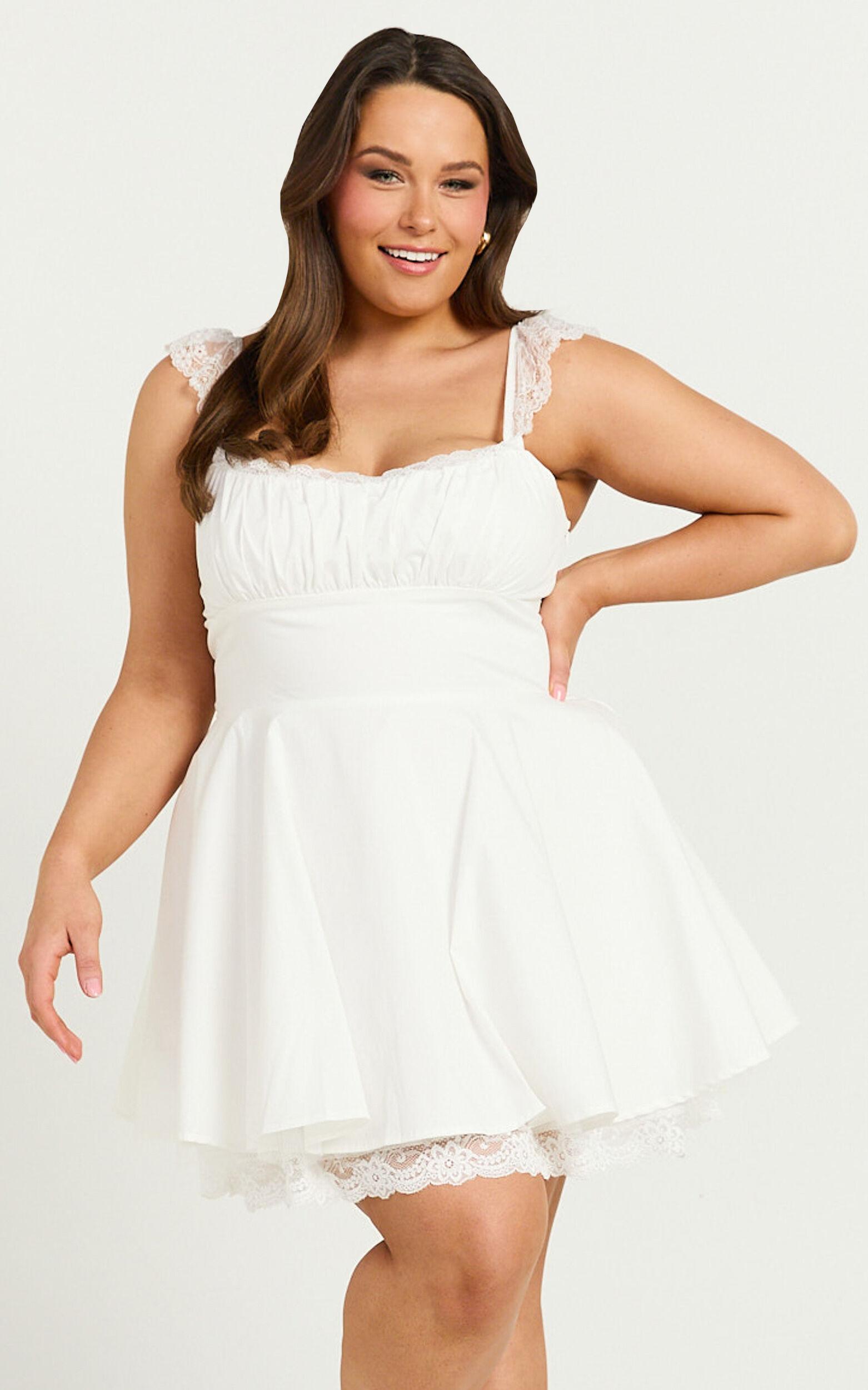 Adalee Mini Dress - Sleeveless Ruched Bodice Lace Trim Dress in Off White Product Image