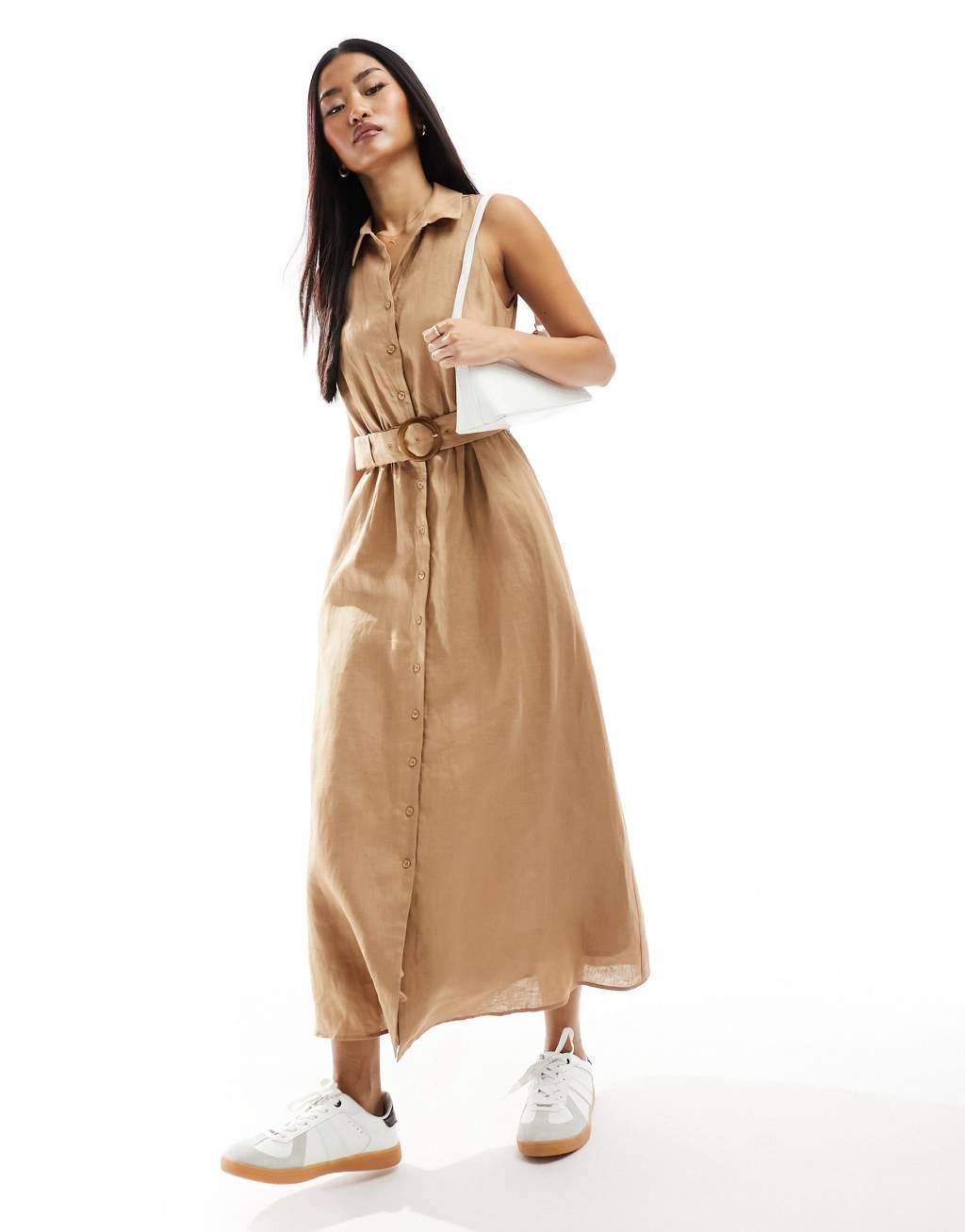 Ever New sleeveless belted linen shirt dress in brown Product Image