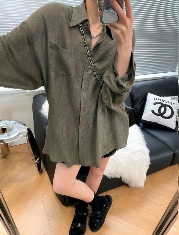 Long Sleeve Plain See-Through Loose-Fit Blouse Product Image