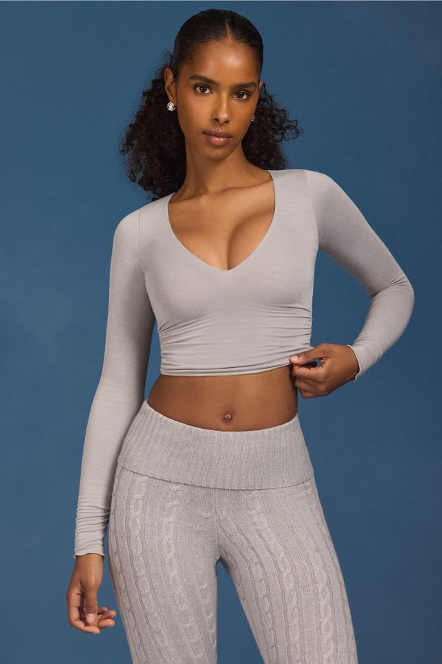 Ruched Long-Sleeve Crop Top in Grey Product Image