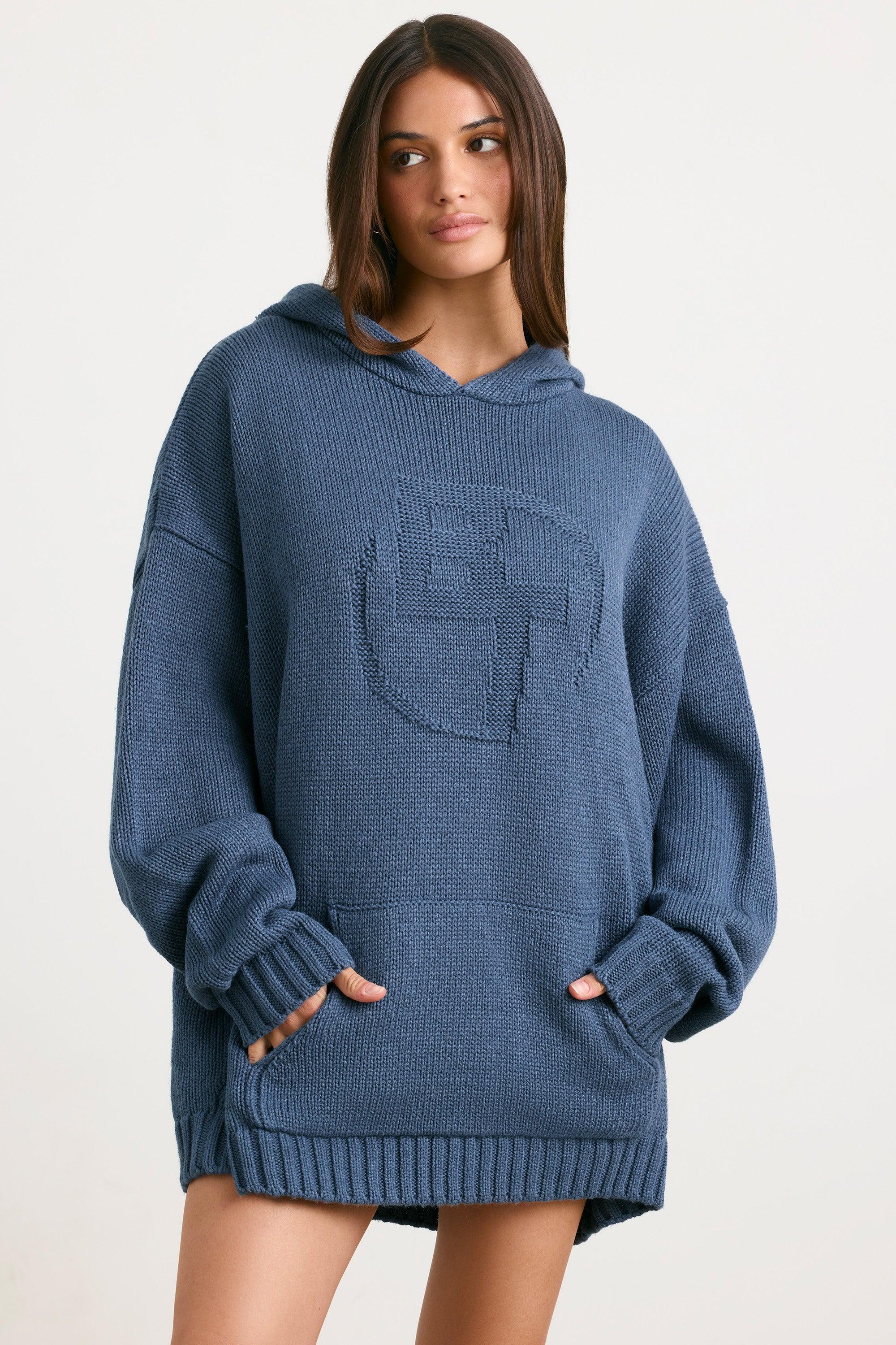 Oversized Chunky Knit Hoodie in Washed Navy Product Image