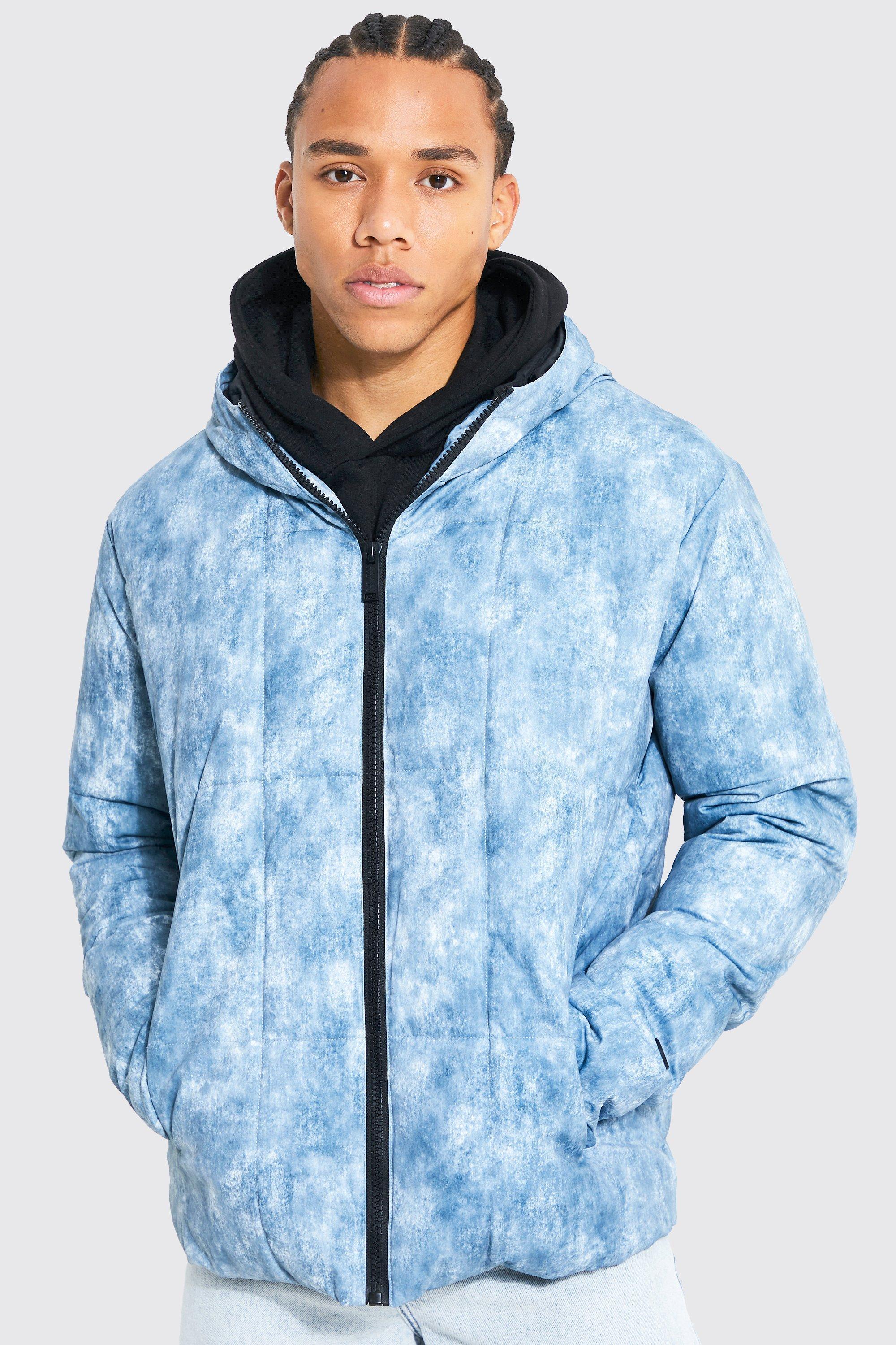 Tall Tie Dye Square Panel Hooded Puffer | boohooMAN USA Product Image