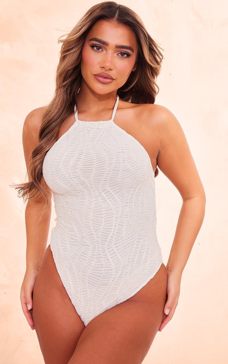 Cream Textured Mesh Halter Tie Bodysuit Product Image