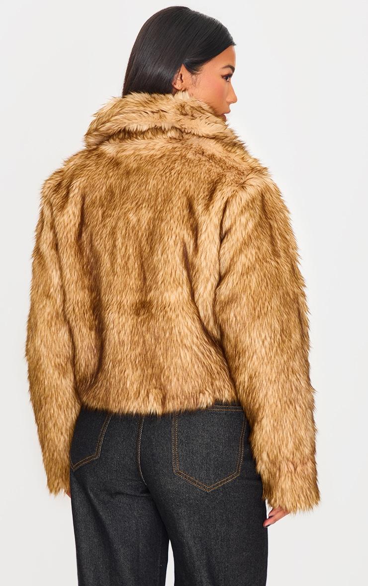 Brown Natural Faux Fur Collar Detail Zip Up Jacket Product Image