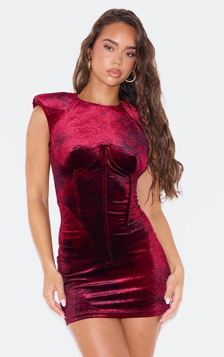 Burgundy Crushed Velvet Corset Extreme Shoulder Bodycon Dress product image