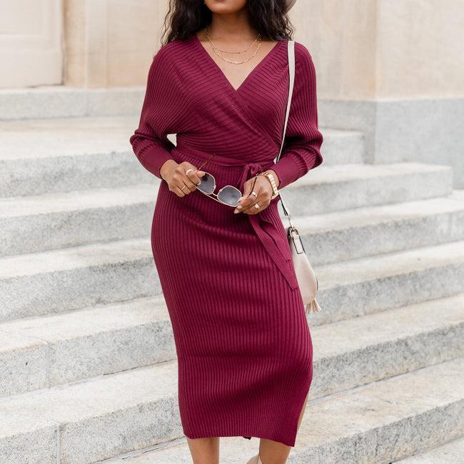 Main Event Wine Midi Wrap Sweater Dress FINAL SALE Product Image