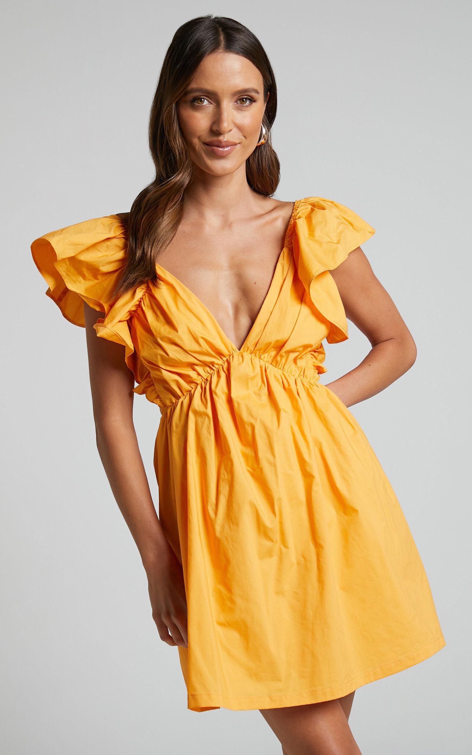 Raiza Mini Dress - Ruffle Sleeve Tie Back Plunge Dress in Marigold Product Image