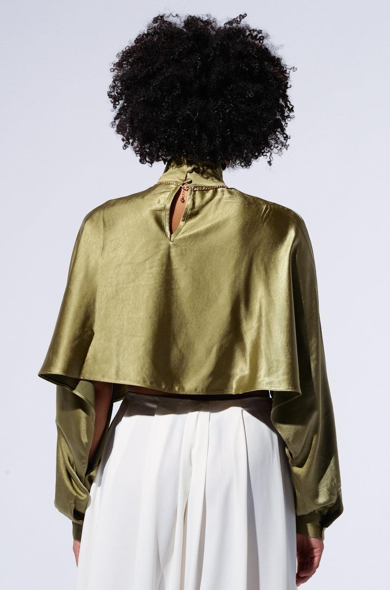 SATIN MOCK NECK BLOUSE IN OLIVE Product Image