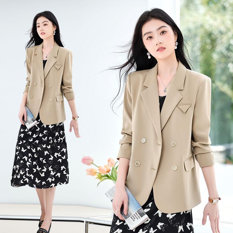 Notch Lapel Plain Double-Breasted Blazer Product Image