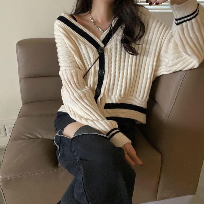 V-Neck Contrast Trim Button-Up Cardigan Product Image