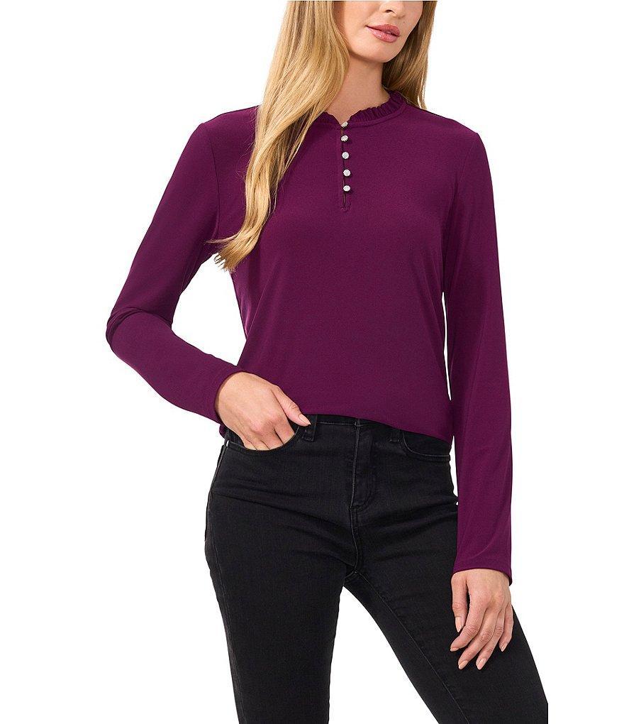 CeCe Crepe Knit Ruffle Trim Crew Neck Front Rhinestone Button Keyhole Long Sleeve Tee Product Image