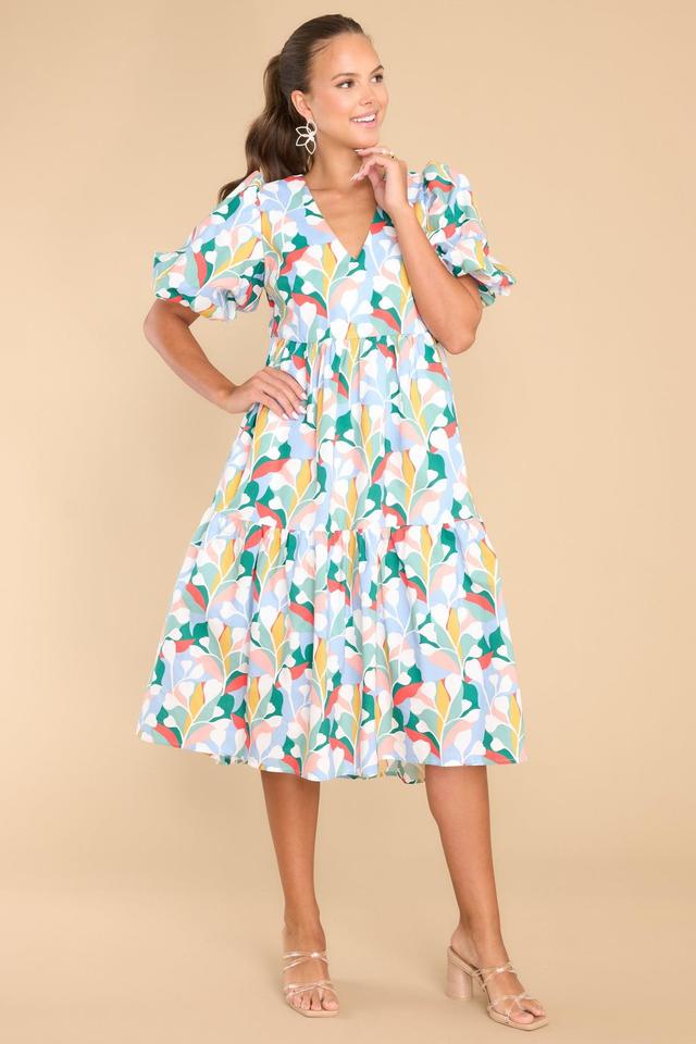 Aura Eyes In Paradise Sky Blue Multi Print Midi Dress Product Image