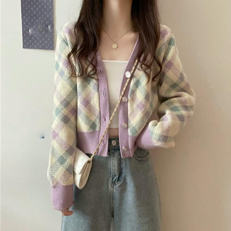 V-Neck Plaid Cardigan Product Image