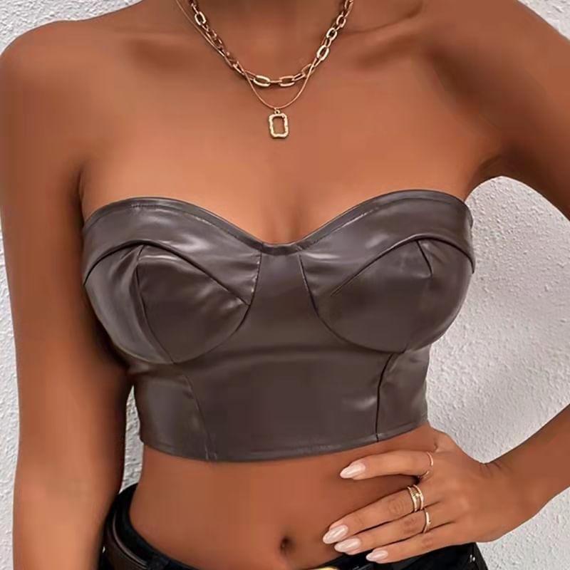 Plain Faux Leather Crop Tube Top Product Image