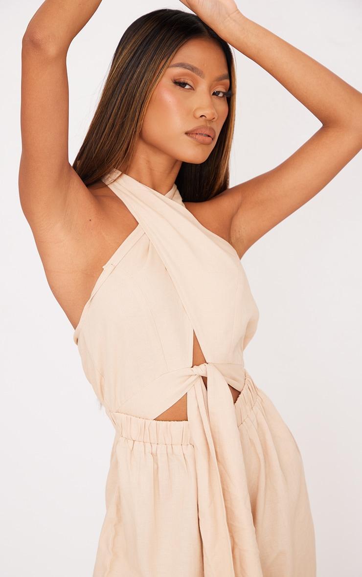 Stone Linen Cross Halter Detail Cut Out Jumpsuit Product Image