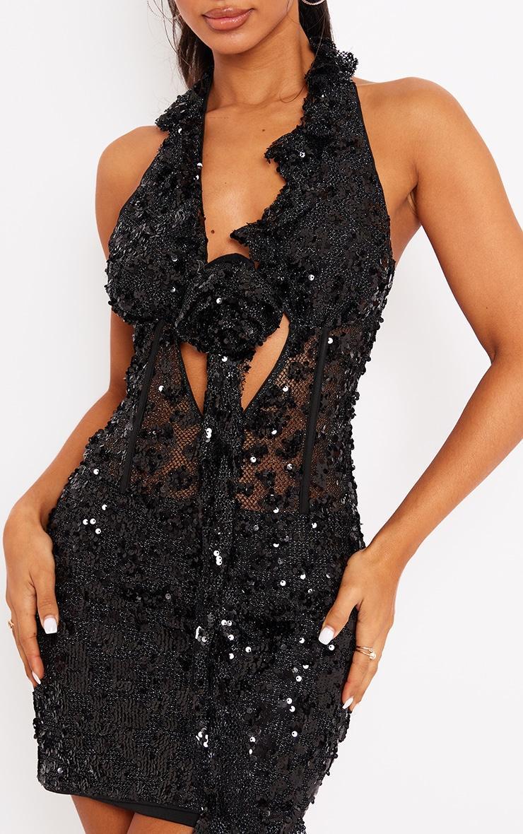 Petite Black Sequin Mini Dress With Rose Detail Product Image