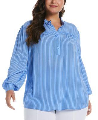 Plus Size Stripe Long Sleeve Popover Blouse Product Image