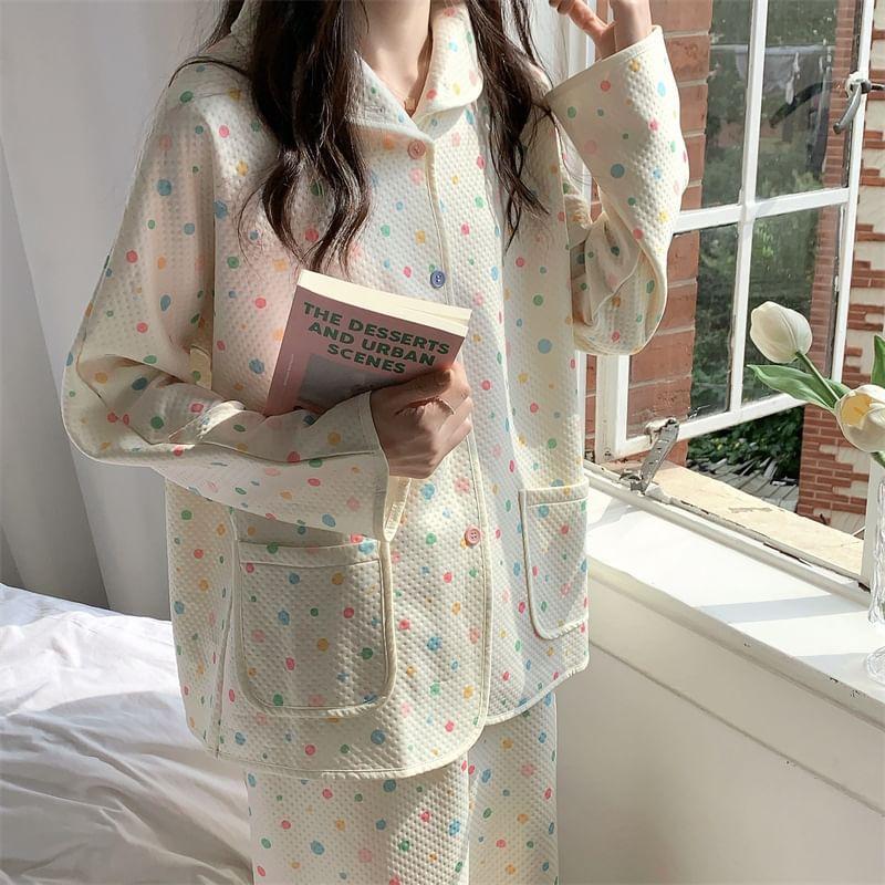 Pajama Set: Long-Sleeve Dotted Button-Up Shirt + Pants Product Image