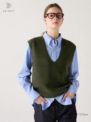 Womens 3D Knit Souffle V-Neck Vest Olive Small UNIQLO US Product Image