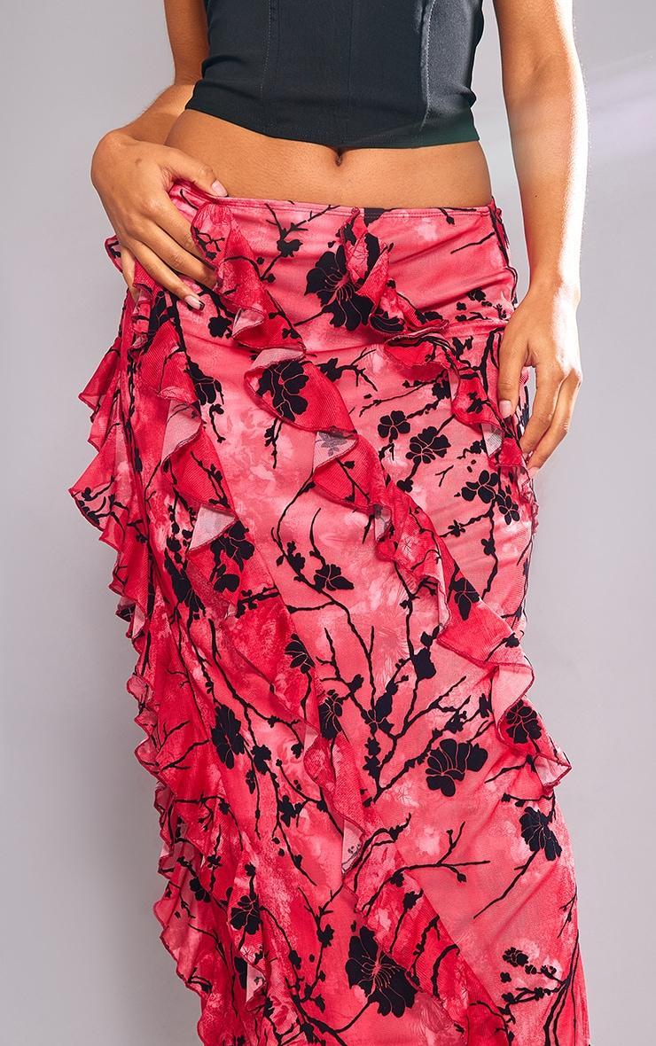 Red Floral Flocked Velvet Ruffle Front Maxi Skirt Product Image