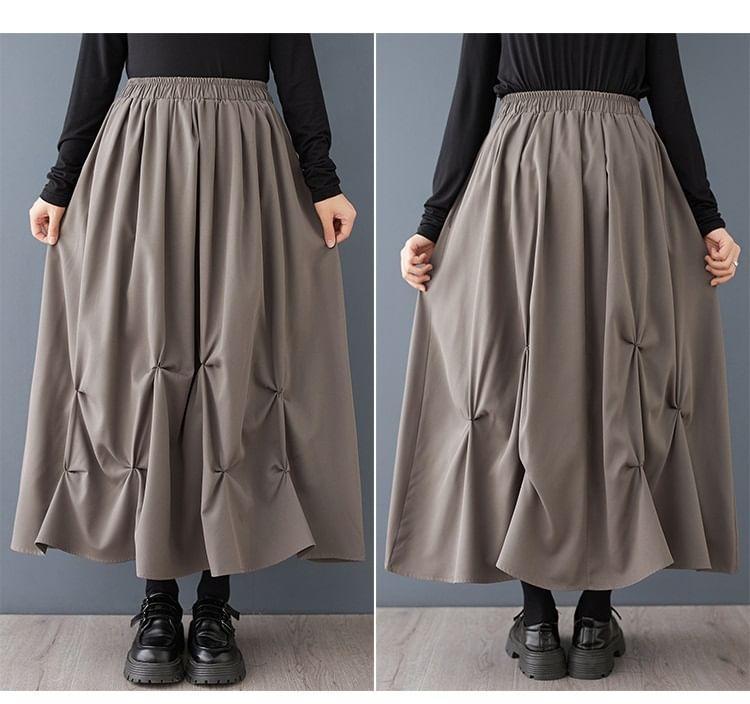 Elastic Waist Plain Ruched Maxi A-Line Skirt Product Image