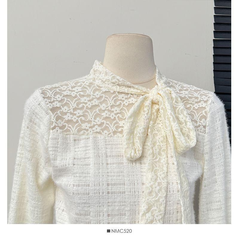 Lace-Panel Tie-Neck Lace Top Product Image