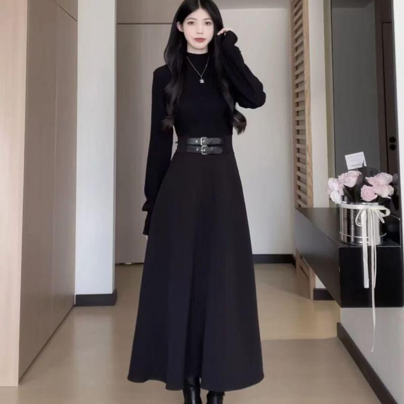 Long-Sleeve Mock Neck Plain Buckled Midi A-Line Dress Product Image