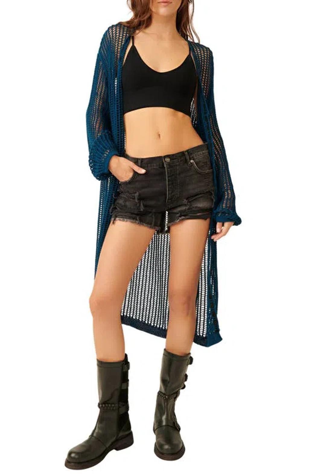 Lattice Open Knit Cardigan In Blue Product Image