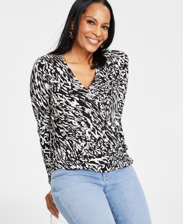 Women's Printed Shoulder-Zip Surplice-Neck Top, Created for Macy's Product Image