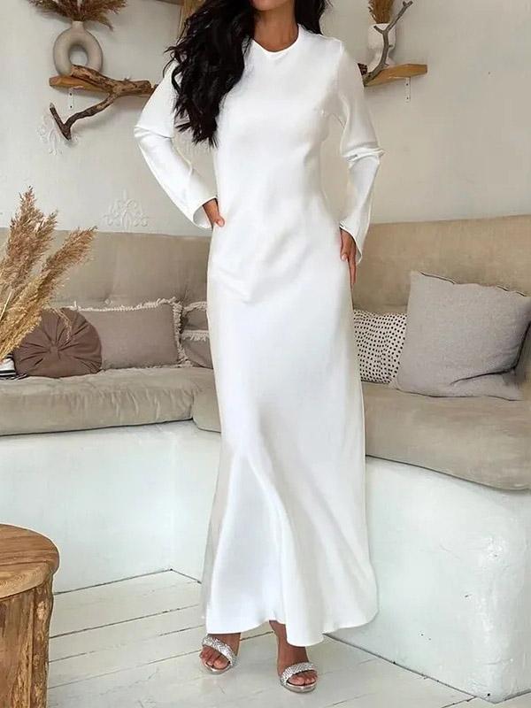 A-Line High Waisted Solid Color Round-Neck Maxi Dresses Product Image