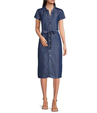 Tommy Bahama Mission Beach Soft Twill Point Collar Cap Sleeve Button Front Self-Tie Belt Shirt Dress Product Image