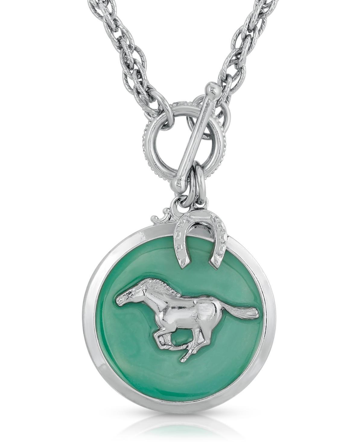 1928 Jewelry Silver Tone Turquoise Color Enamel Horse Pendant Toggle Necklace Product Image