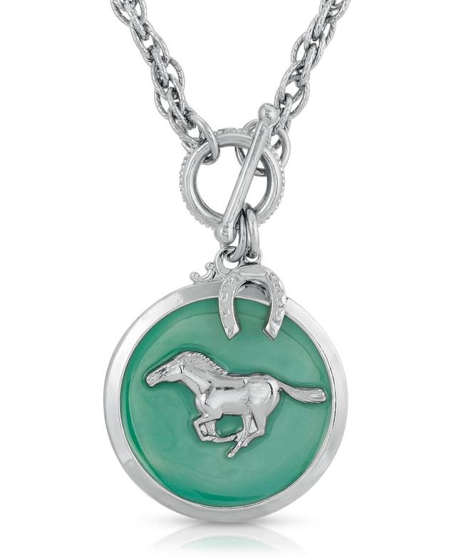 1928 Jewelry Silver Tone Turquoise Color Enamel Horse Pendant Toggle Necklace Product Image