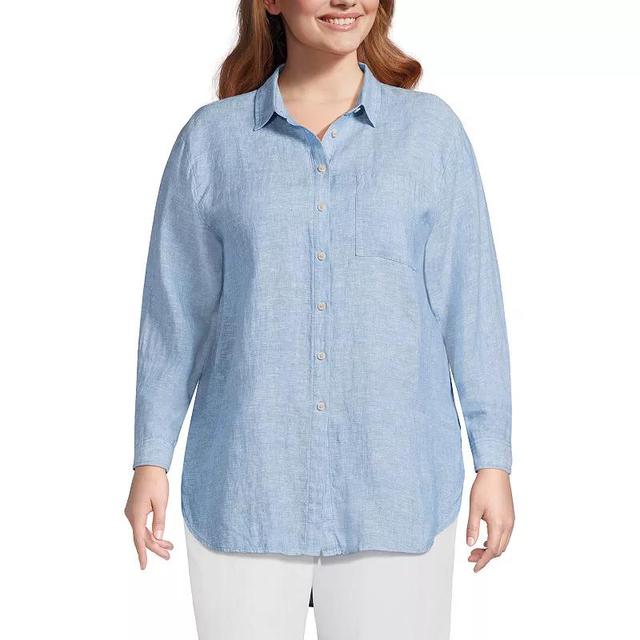 Plus Size Lands End Linen Roll Sleeve Relaxed-Fit Tunic, Womens Product Image