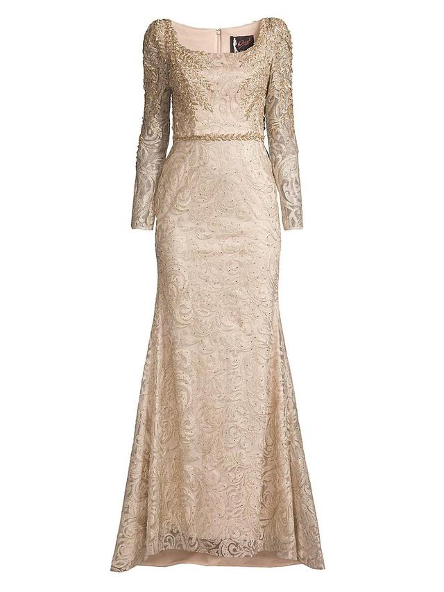 Womens Beaded Lace A-Line Gown Product Image