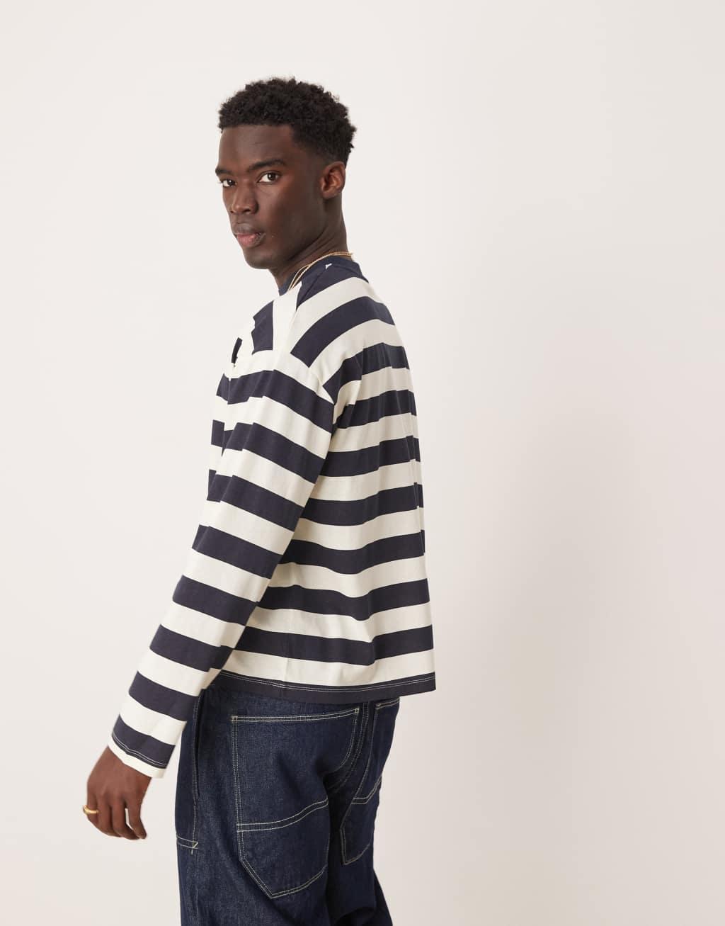 ASOS DESIGN boxy oversized long sleeve t-shirt in navy and white stripe Product Image