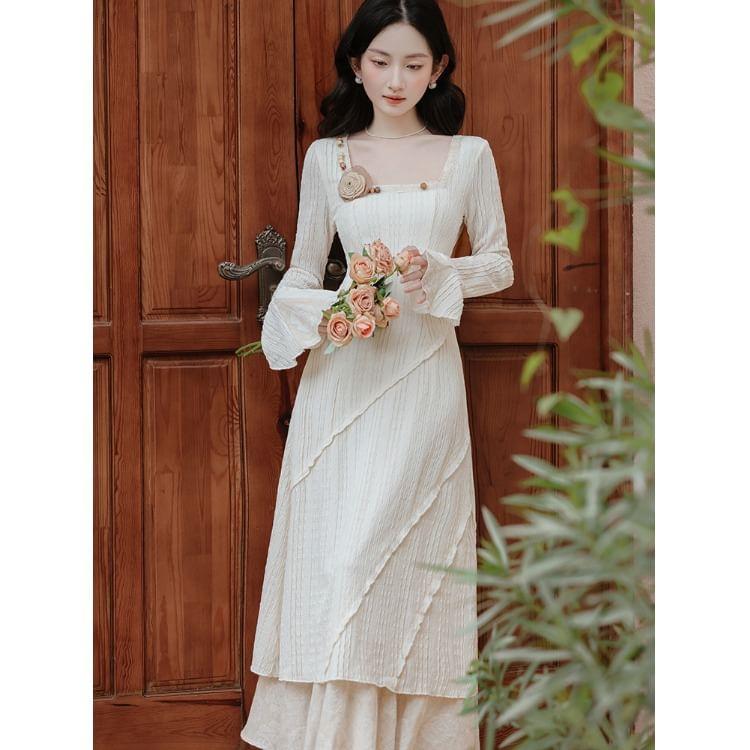 Long-Sleeve Square Neck Flower Accent Midi A-Line Dress Product Image