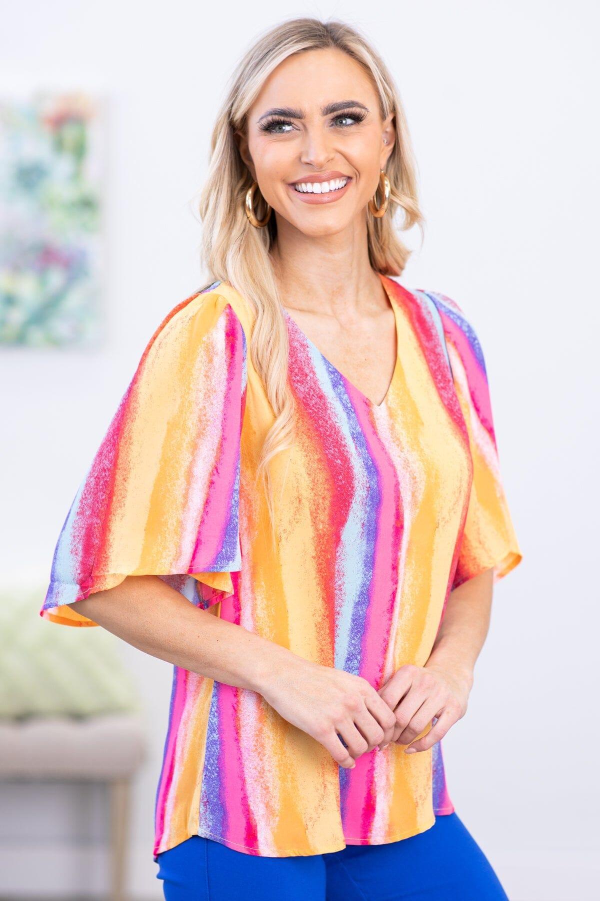 Red and Yellow Multicolor Vertical Stripe Top Product Image