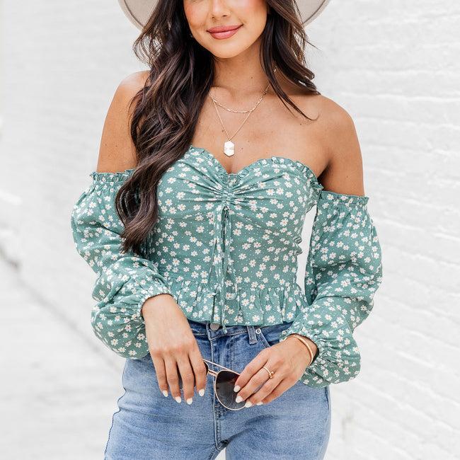 Sonic Blooms Sage Floral Off The Shoulder Long Sleeve Blouse FINAL SALE Product Image