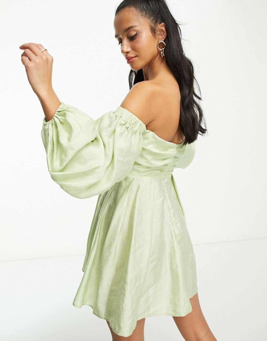 ASOS DESIGN Petite washed off shoulder balloon slv mini dress with wrap corset detail Product Image