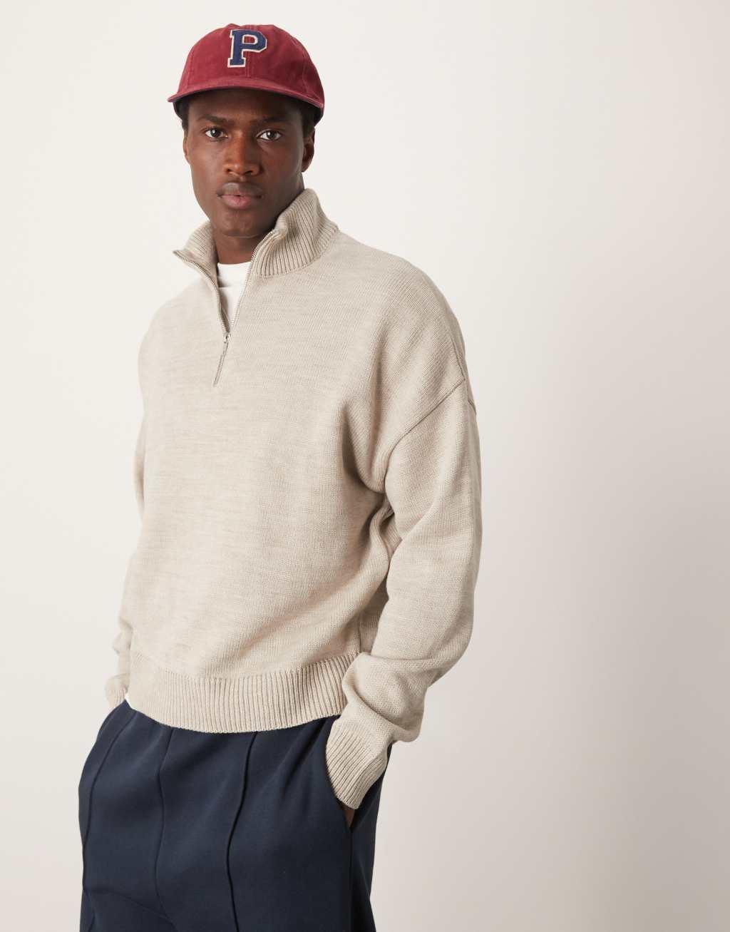 ASOS DESIGN knit oversized boxy sweater with half zip in off white Product Image