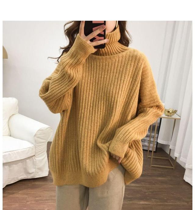 Turtleneck Plain Ribbed Oversized Sweater Product Image