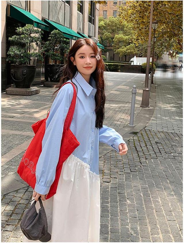 Long-Sleeve Two Tone Asymmetrical Frill Trim Half-Buttoned Midi Tunic Shirt Dress Product Image