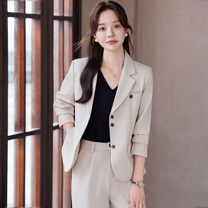 Lapel Collar Plain Single Breasted Blazer / Mid Rise Plain Wide Leg Suit Pants / Set Product Image