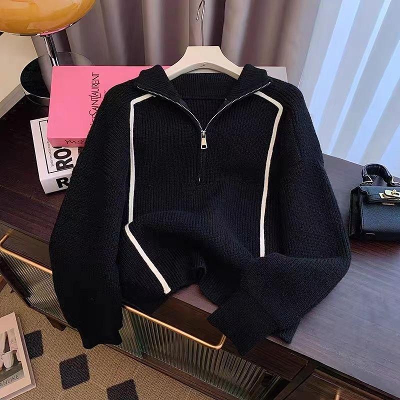 Turtleneck Two Tone Ribbed Half-Zip Sweater Product Image