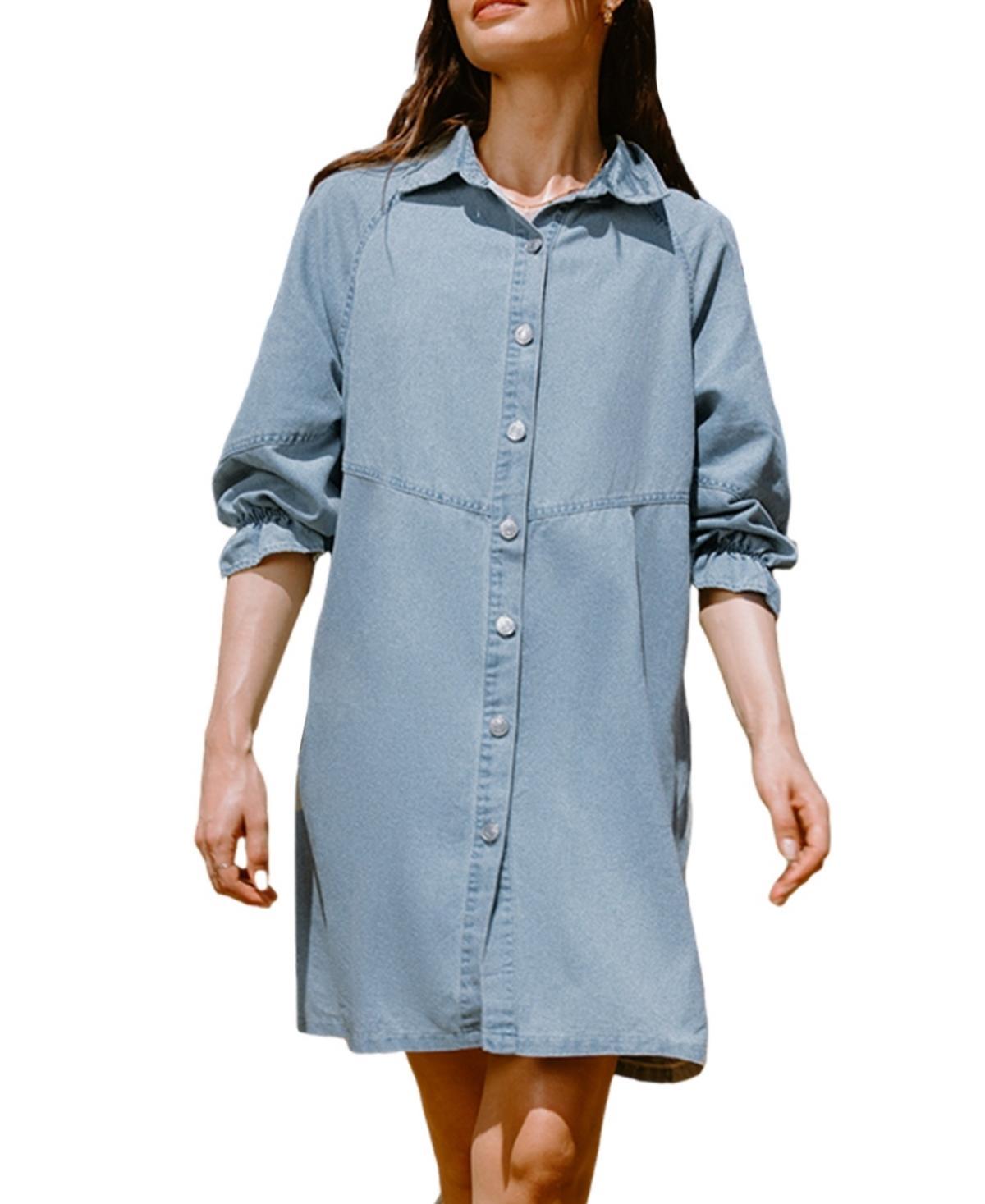 Cupshe Womens Light Blue Denim Collared Button Up Mini Shirt Beach Dress Product Image