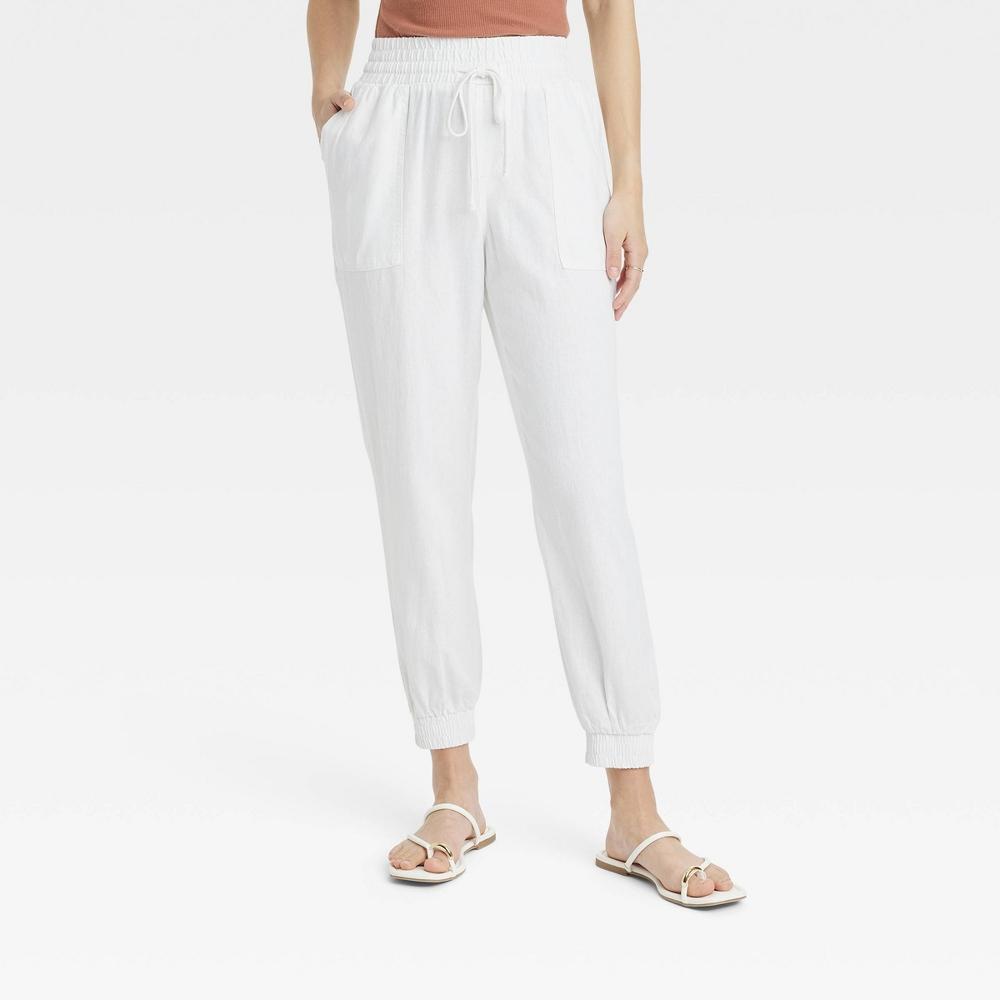 Womens High-Rise Linen Regular Fit Ankle Joggers - A New Day White XL Product Image