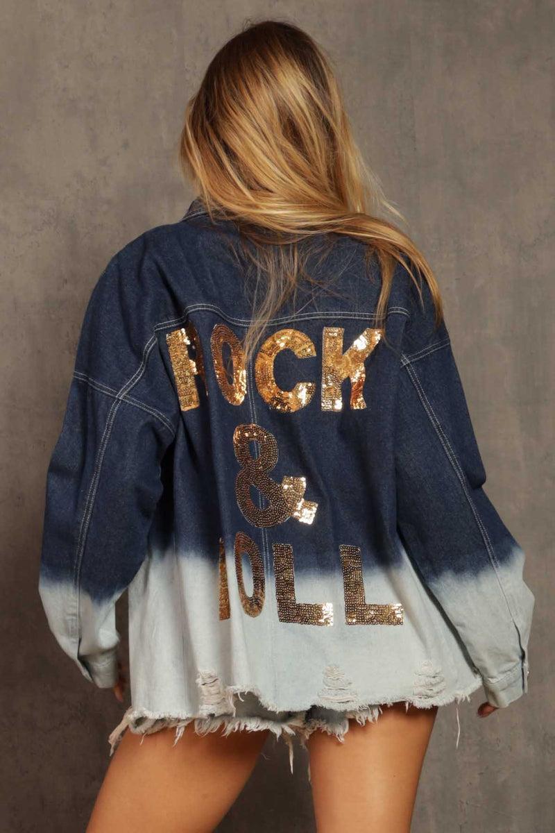 Distress Denim Jacket Rock And Roll Print Product Image